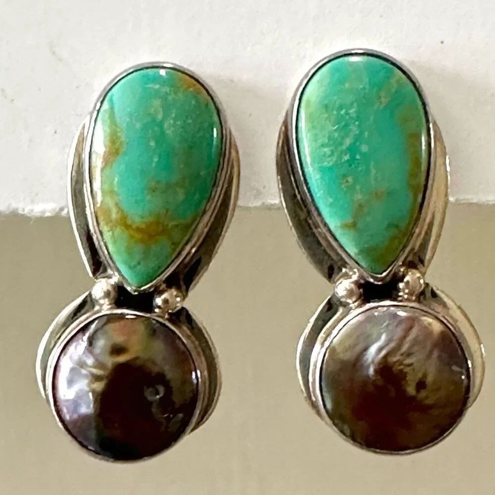 Kim Cevora sterling silver turquoise and abalone clip on earrings